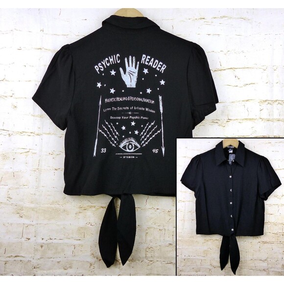 Hot Topic Shirt Women M Black Psychic Reader Tie Front Button Goth Witch Moon - Picture 1 of 13